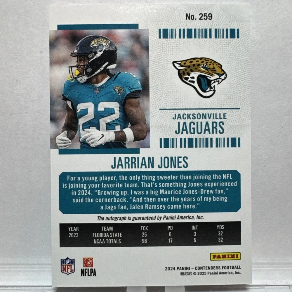 2024 Panini Contenders Jarrian Jones Rookie Ticket Auto #259 Jaguars RC
